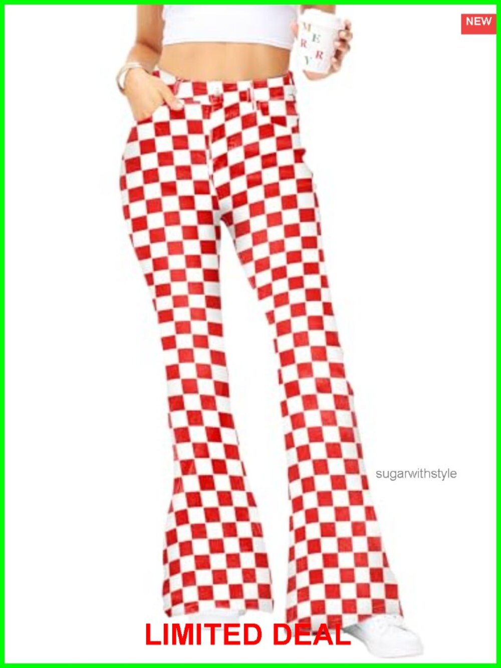 High Waisted Plaid Flare Jeans Stretch Cotton Denim Bell Bottom Pants